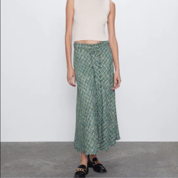 Zara Tweed Weave Textured High Waist A-Line Midi Skirt Green Sz S - Picture 3 of 12